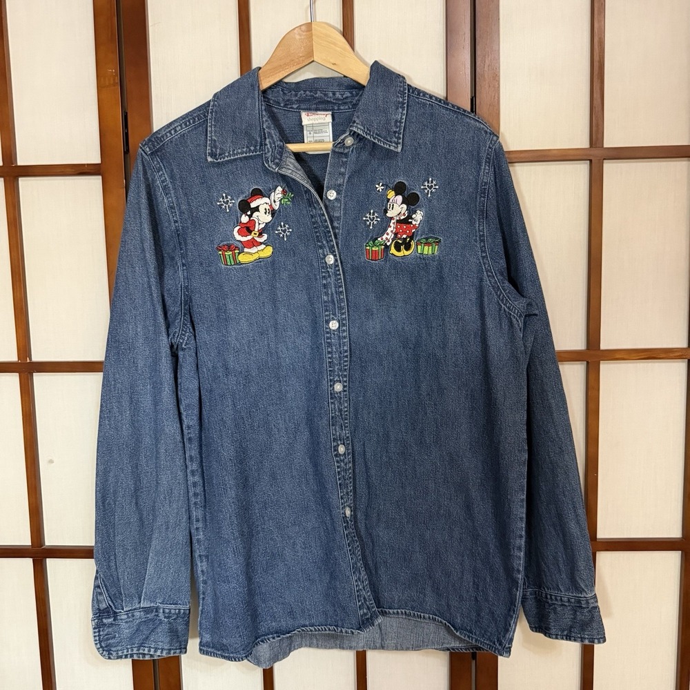 Disney Denim Shirt Womens Large Blue Button Up Mickey Minnie Christmas Holiday